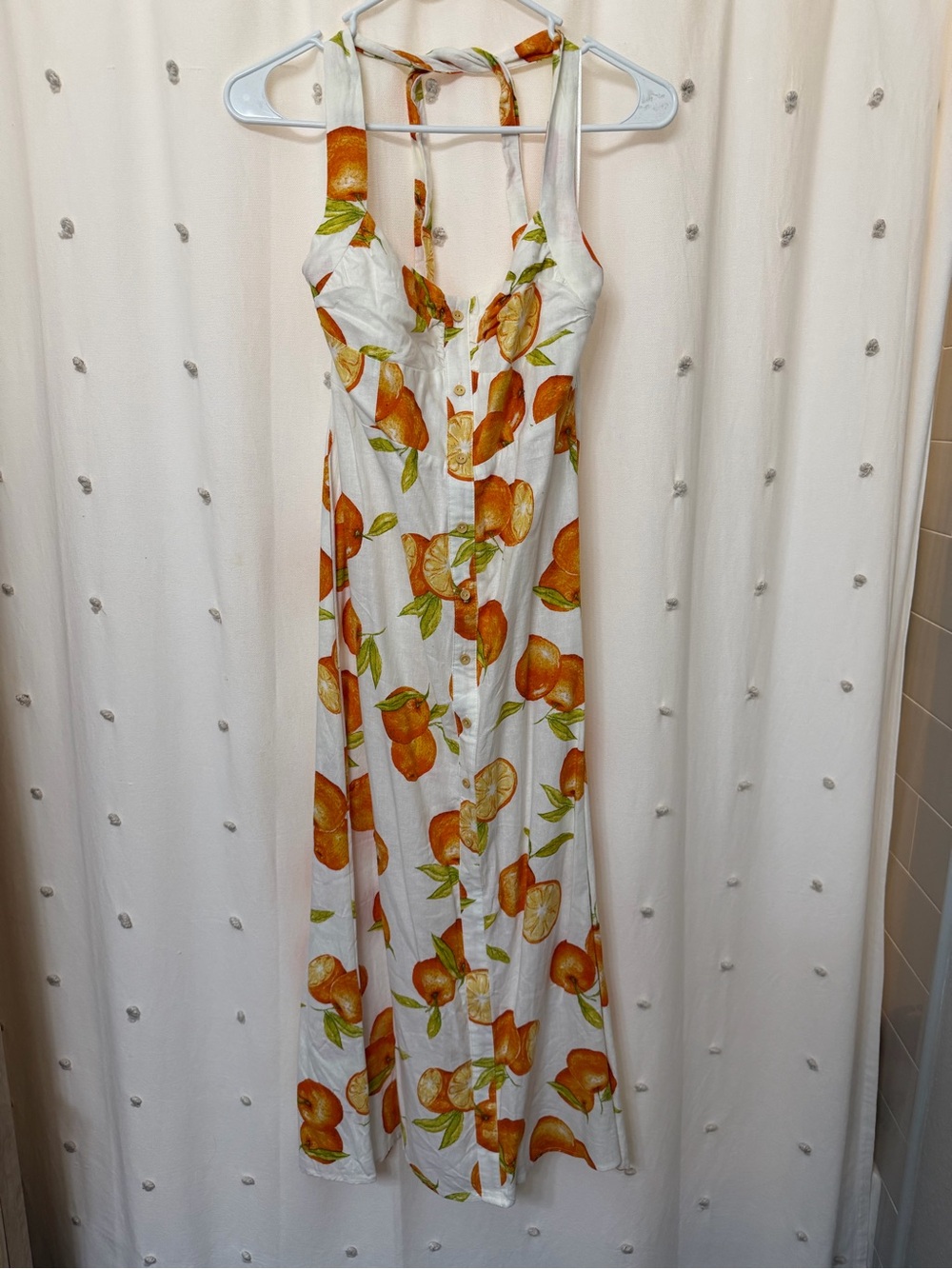 Zara White Linen Dress with Orange Citrus Print and Green Leaves